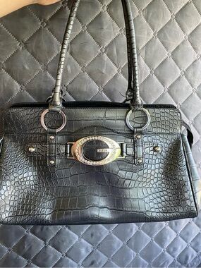 GUESS Y2K Mcbling  Black Croc-Embossed Tote with Crystal Accent